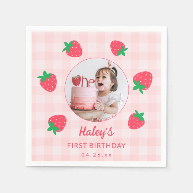 Strawberry Pink Berry First Baby Birthday Foto Serviette (Vorderseite)