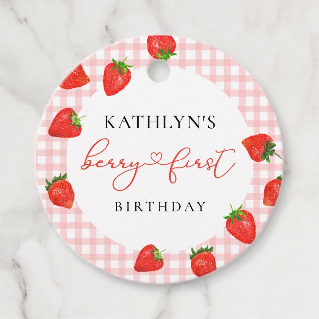 Strawberry Pink Berry First Kariert Gingham Birthd Geschenkanhänger (Vorderseite)
