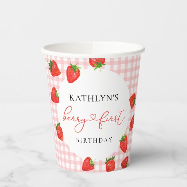 Strawberry Pink Berry First Kariert Gingham Birthd Pappbecher (Links)