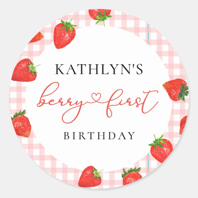 Strawberry Pink Berry First Kariert Gingham Birthd Runder Aufkleber (Vorderseite)