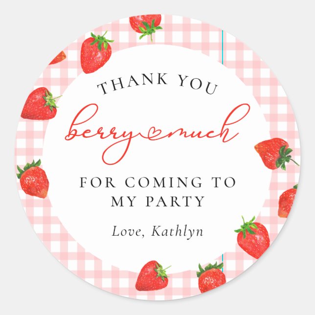 Strawberry Pink Berry Kariert Gingham Birthday Runder Aufkleber (Vorderseite)