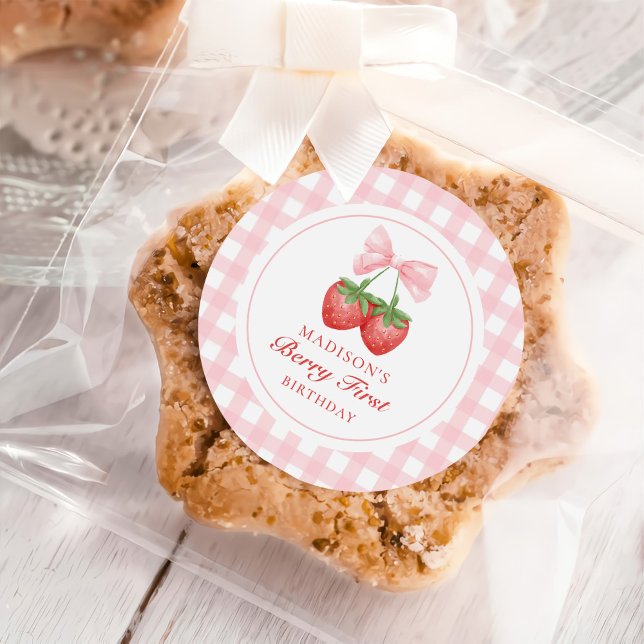 Strawberry Pink Bow Girl 1. Geburtstag Runder Aufkleber (Von Creator hochgeladen)