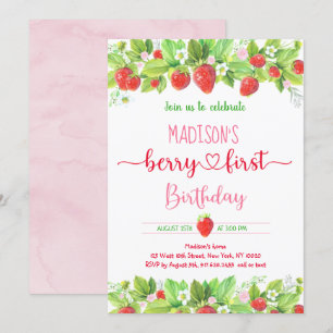 Strawberry Pink Floral Berry Erster Geburtstag Einladung