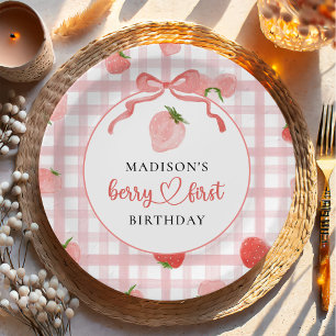 Strawberry Pink Gingham 1. Geburtstag Pappteller