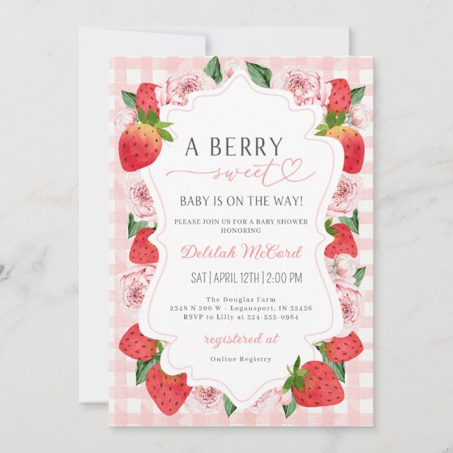 Strawberry Pink Gingham Girl Babydusche Einladung (Vorderseite)