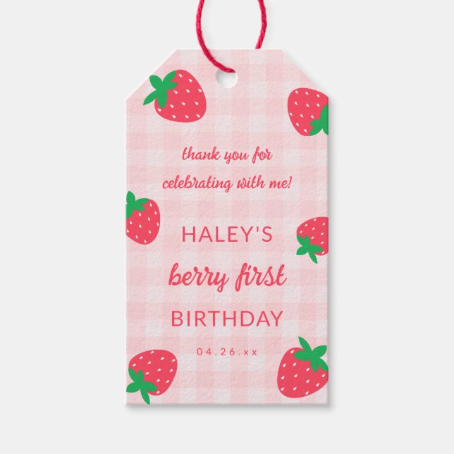 Strawberry Pink Niedlich Berry Erster Geburtstag Geschenkanhänger (Vorderseite)