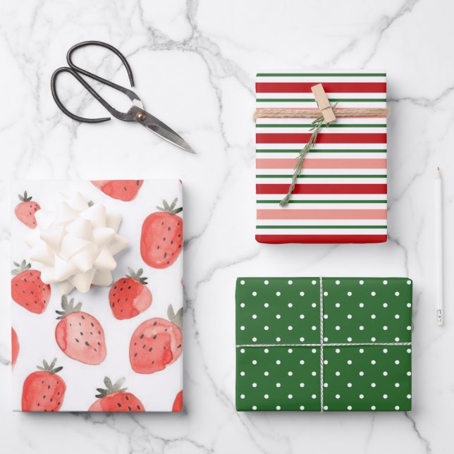 Strawberry Print/Pattern Wrapping Paper Sheets Geschenkpapier Set (Vorderseite)
