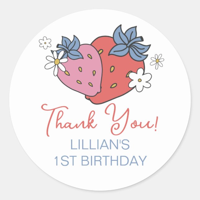 Strawberry Retro Birthday Party Runder Aufkleber (Vorderseite)