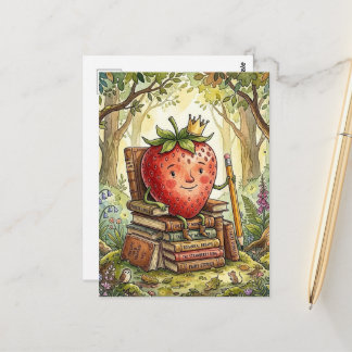 Strawberry Royalty on a Book Throne Postkarte