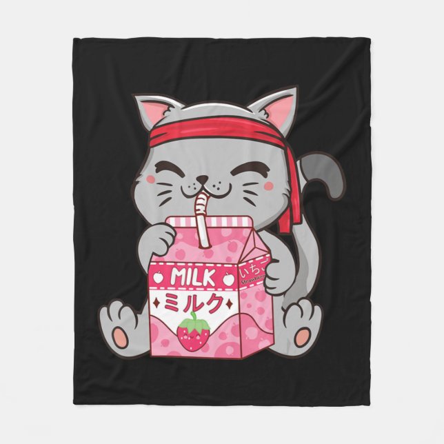 Strawberry Shake Strawberry Milk Cat Kawaii Neko A Fleecedecke (Vorderseite)