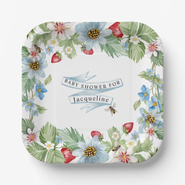 Strawberry so Berry Sweet Baby Boy to Bee Shower Pappteller (Vorderseite)