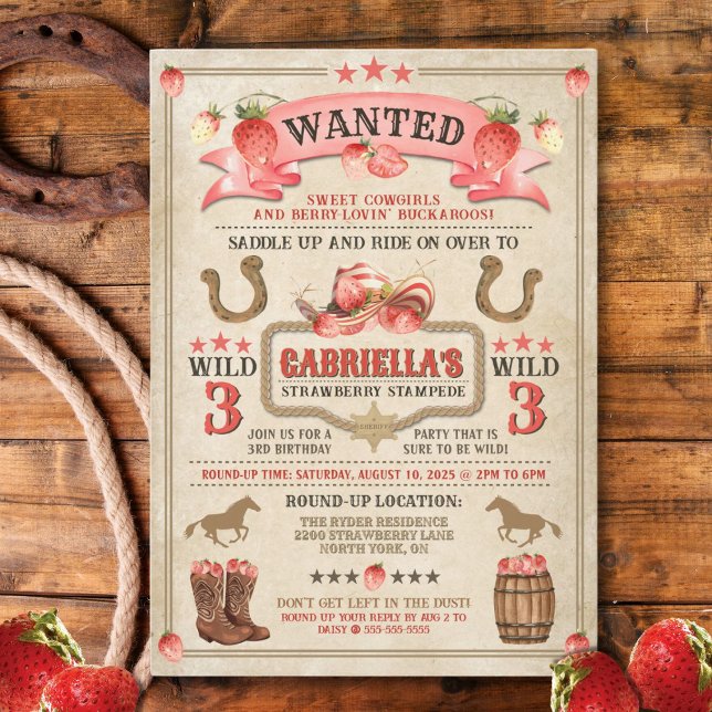 Strawberry Stampede Birthday Einladung (Berry-sweet Wild West invitation featuring strawberries, cowgirl charm, and rustic fun!)