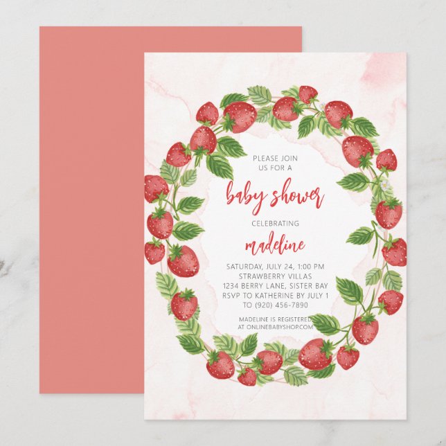 Strawberry Strawberries Wreath Baby Dusche Einladung (Vorne/Hinten)