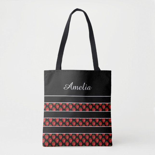 Strawberry Stripes Black Personalised Tasche (Vorderseite)