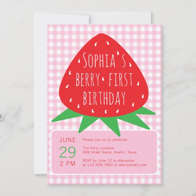 Strawberry Summer Girl Berry Erster Geburtstag Par Einladung (Vorderseite)