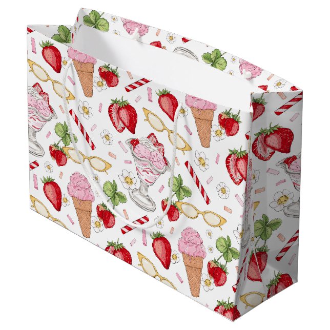 Strawberry Sundae Pattern Geschenktasche Große Geschenktüte (Rückseite Schrägansicht)