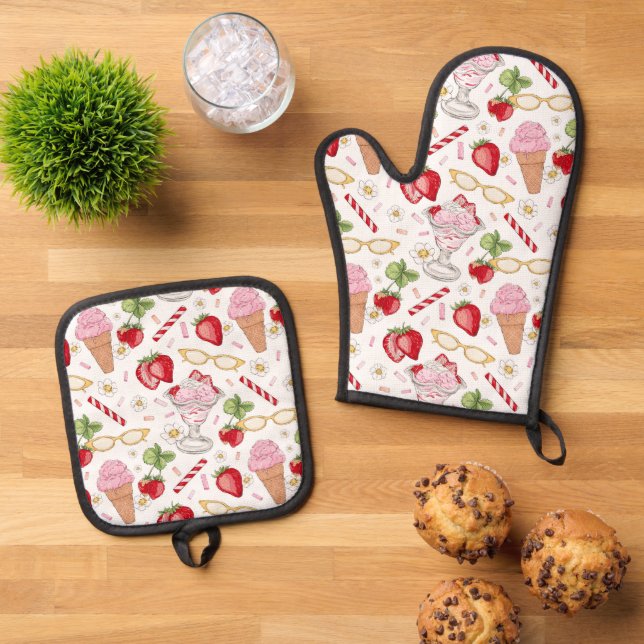 Strawberry Sundae Pattern Ofenhandschuh & Topflappen-Set (Oben Unten)