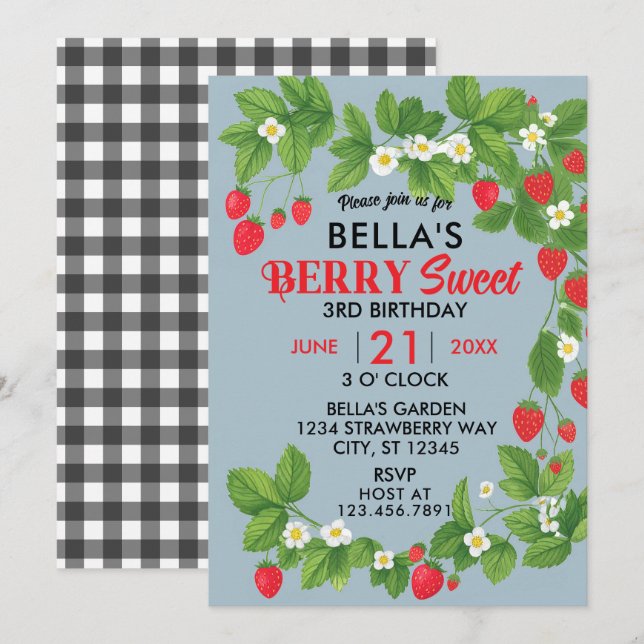 Strawberry Sweet Birthday (Red & Blue) Einladung (Vorne/Hinten)