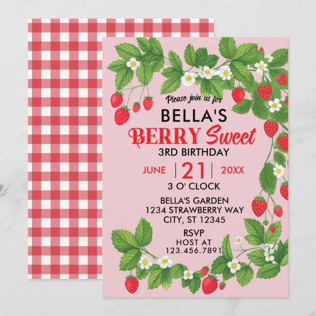 Strawberry Sweet Birthday (Red & Pink) Einladung (Vorne/Hinten)