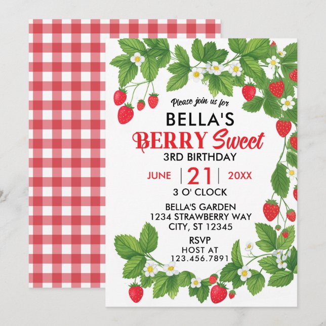 Strawberry Sweet Birthday (Red & White) Einladung (Vorne/Hinten)