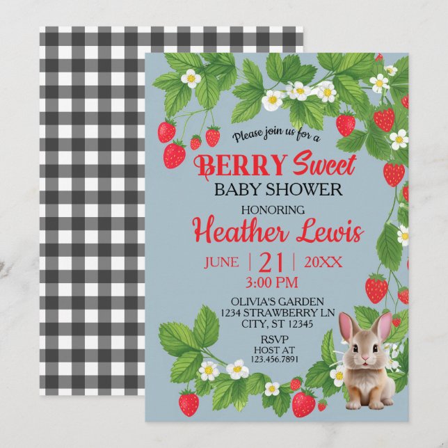 Strawberry Sweet Bunny Baby Shower (Red & Blue) Einladung (Vorne/Hinten)