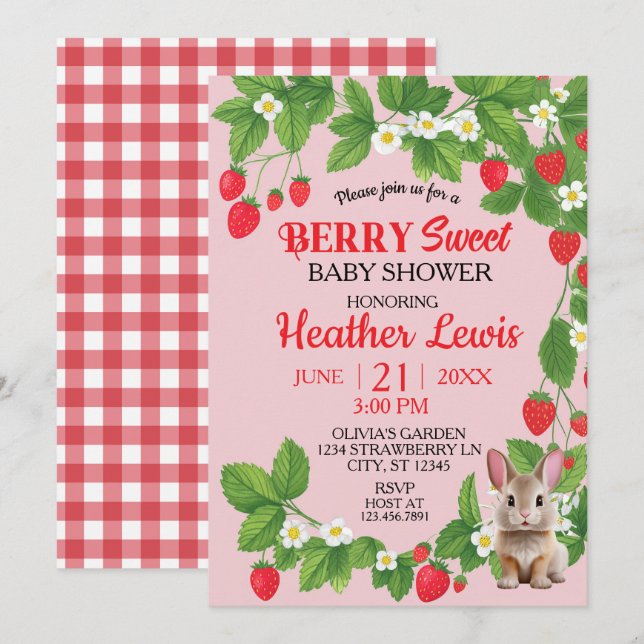 Strawberry Sweet Bunny Baby Shower (Red & Pink) Einladung (Vorne/Hinten)