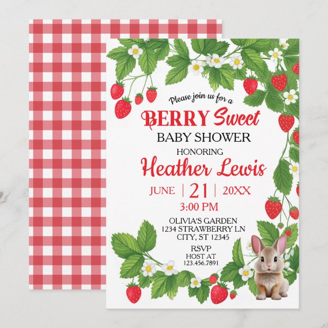 Strawberry Sweet Bunny Baby Shower (Red & White) Einladung (Vorne/Hinten)