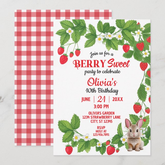 Strawberry Sweet Bunny Birthday (Rot & Weiß) Einladung (Vorne/Hinten)