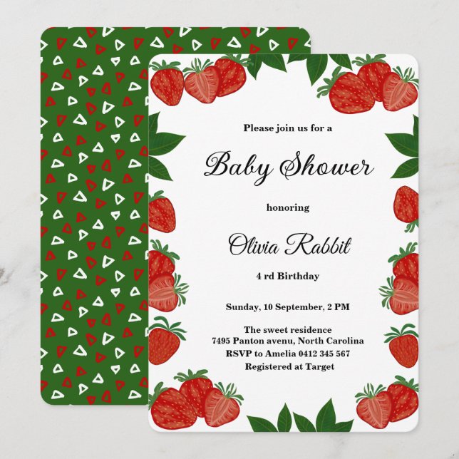 Strawberry Sweet Fruit Fresh Baby Shower Girl Einladung (Vorne/Hinten)