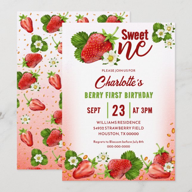 Strawberry Sweet One Einladung zum ersten Geburtst (Vorne/Hinten)