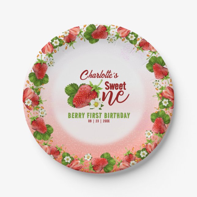 Strawberry Sweet ONE erste Geburtstagsparty Pappteller (Vorderseite)