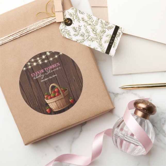 Strawberry Sweet Wood Basket Baby Dusche Runder Aufkleber (Schenken)