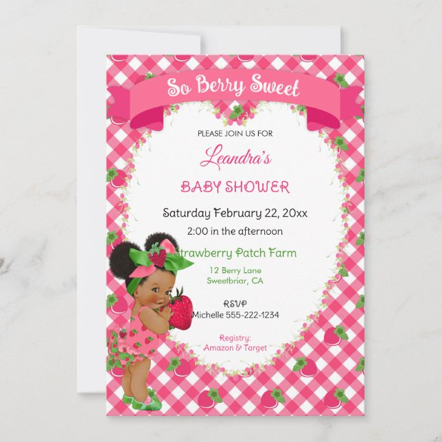 Strawberry Theme Baby Girl Gingham Pink Green Einladung (Vorderseite)