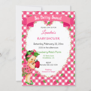 Strawberry Theme Baby Girl Gingham Pink Green Einladung