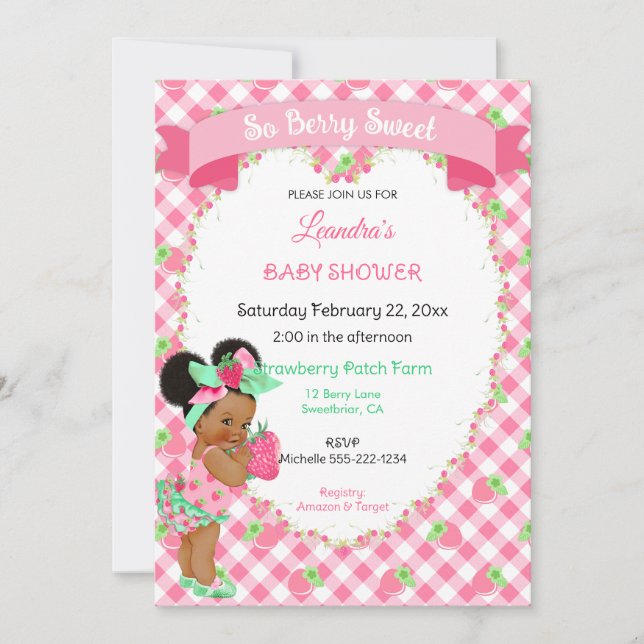 Strawberry Theme Baby Girl Gingham Pink Mint Einladung (Vorderseite)