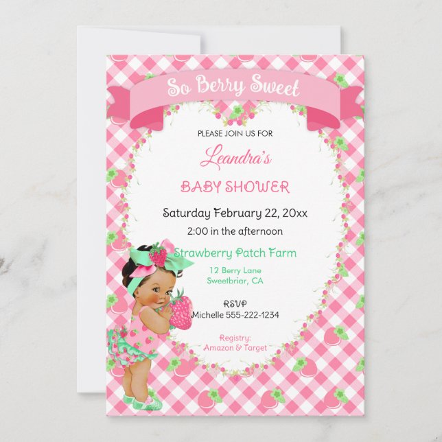 Strawberry Theme Baby Girl Gingham Pink Mint Einladung (Vorderseite)