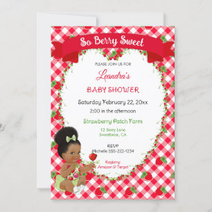 Strawberry Theme Baby Girl Gingham Red Green Einladung