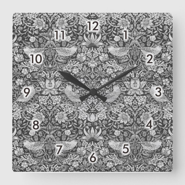 Strawberry Thief Gray, William Morris Quadratische Wanduhr (Vorderseite)