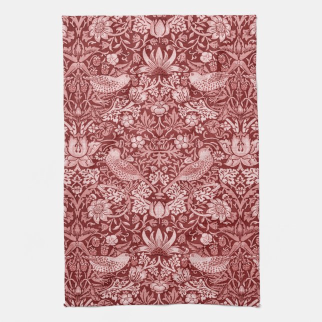 Strawberry Thief Maroon, William Morris Geschirrtuch (Vertikal)