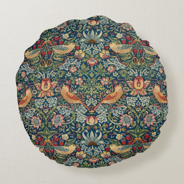 Strawberry Thief von William Morris Rundes Kissen (Rückseite)