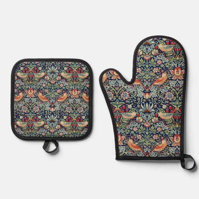 Strawberry Thief William Morris Ofenhandschuh & Topflappen-Set (Vorderseite)