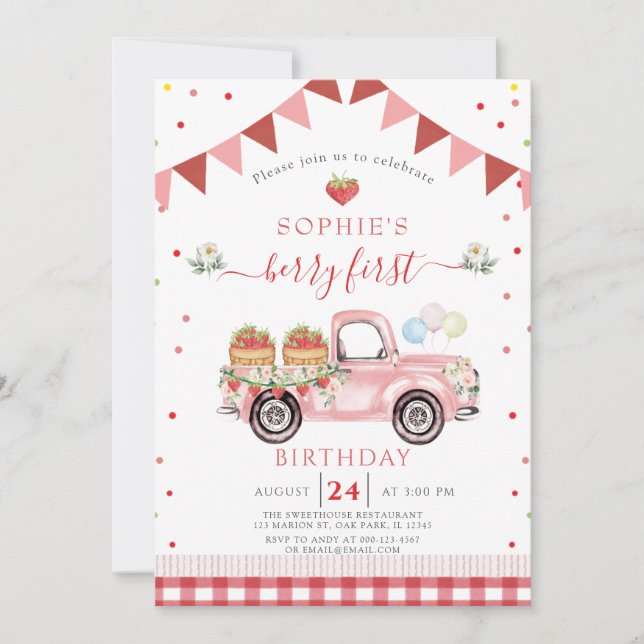 Strawberry Truck Sweet Berry Erster Geburtstag Einladung (Vorderseite)