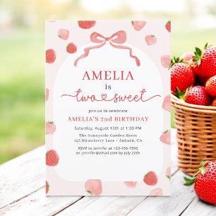 Strawberry Two Sweet 2nd Bow Girl's Birthday Einladung