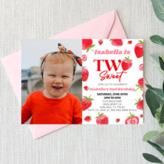Strawberry Two Sweet Picture 2nd Birthday Party Einladung