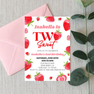 Strawberry Two Sweet Pink Red 2nd Birthday Party Einladung