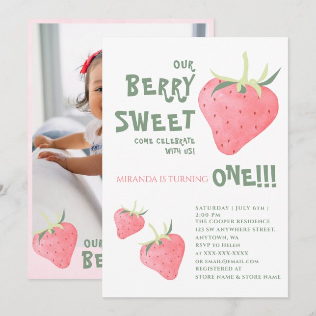 Strawberry UNUR BERRY SWEET Erster Geburtstag Einladung (Vorne/Hinten)