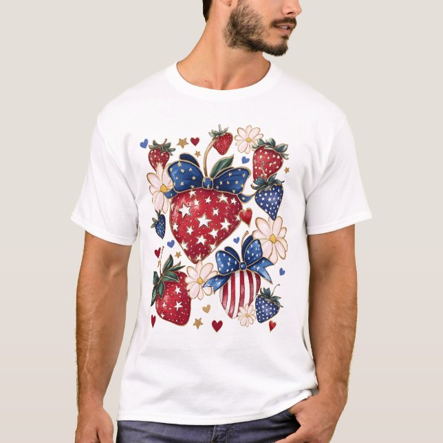 Strawberry USA Flag Patriotic Vierte 4. Juli T-Shirt (Vorderseite)