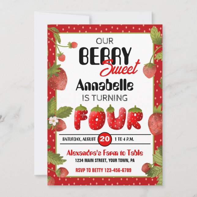 Strawberry Vierte Geburtstagsparty Einladung (Vorderseite)