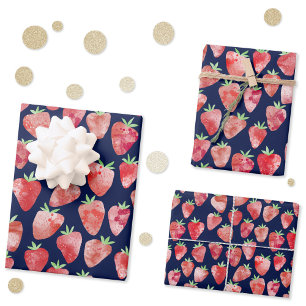 Strawberry Watercolor Navy Blue Geschenkpapier Set