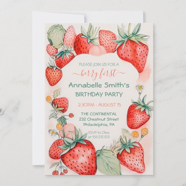 Strawberry Watercolor Niedlich Berry Erster Geburt Einladung (Vorderseite)